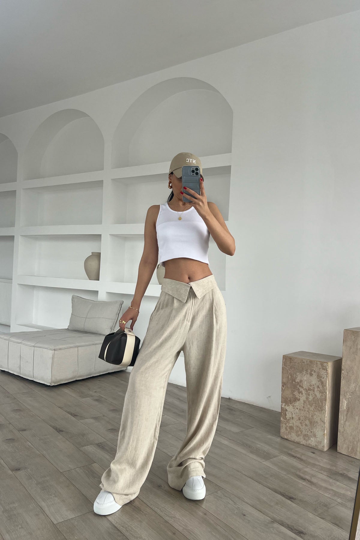 Bej Bel Detaylı Bol Paça Naturel Keten Pantolon SY-1772-Bej