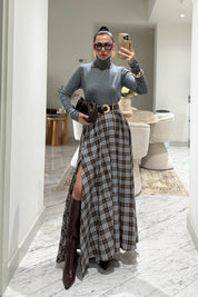 Ekose Desenli Yırtmaç Detaylı Kahveli Çizgili Kloş Etek SY-3494-Kahve