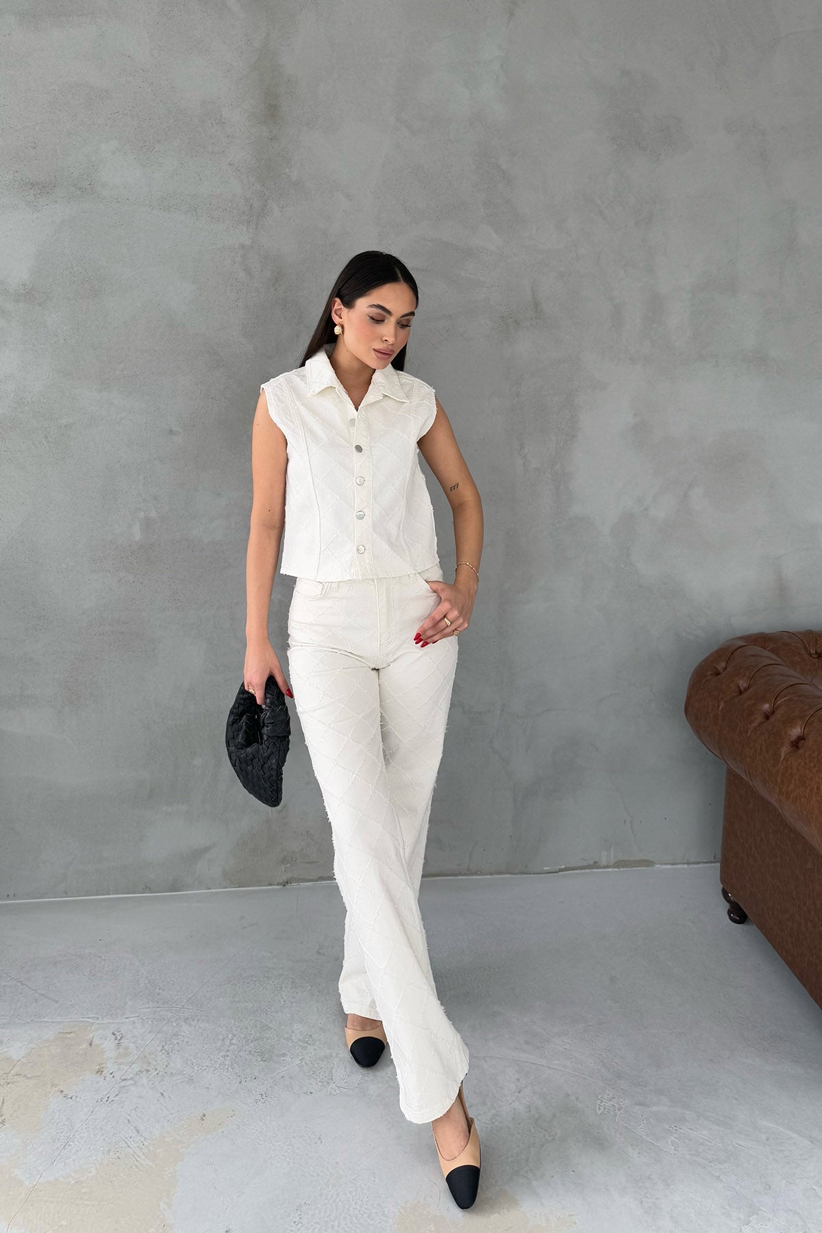 Ekru Baklava Desenli Denim Yelek ve Pantolon Takım SY-3069-Ekru