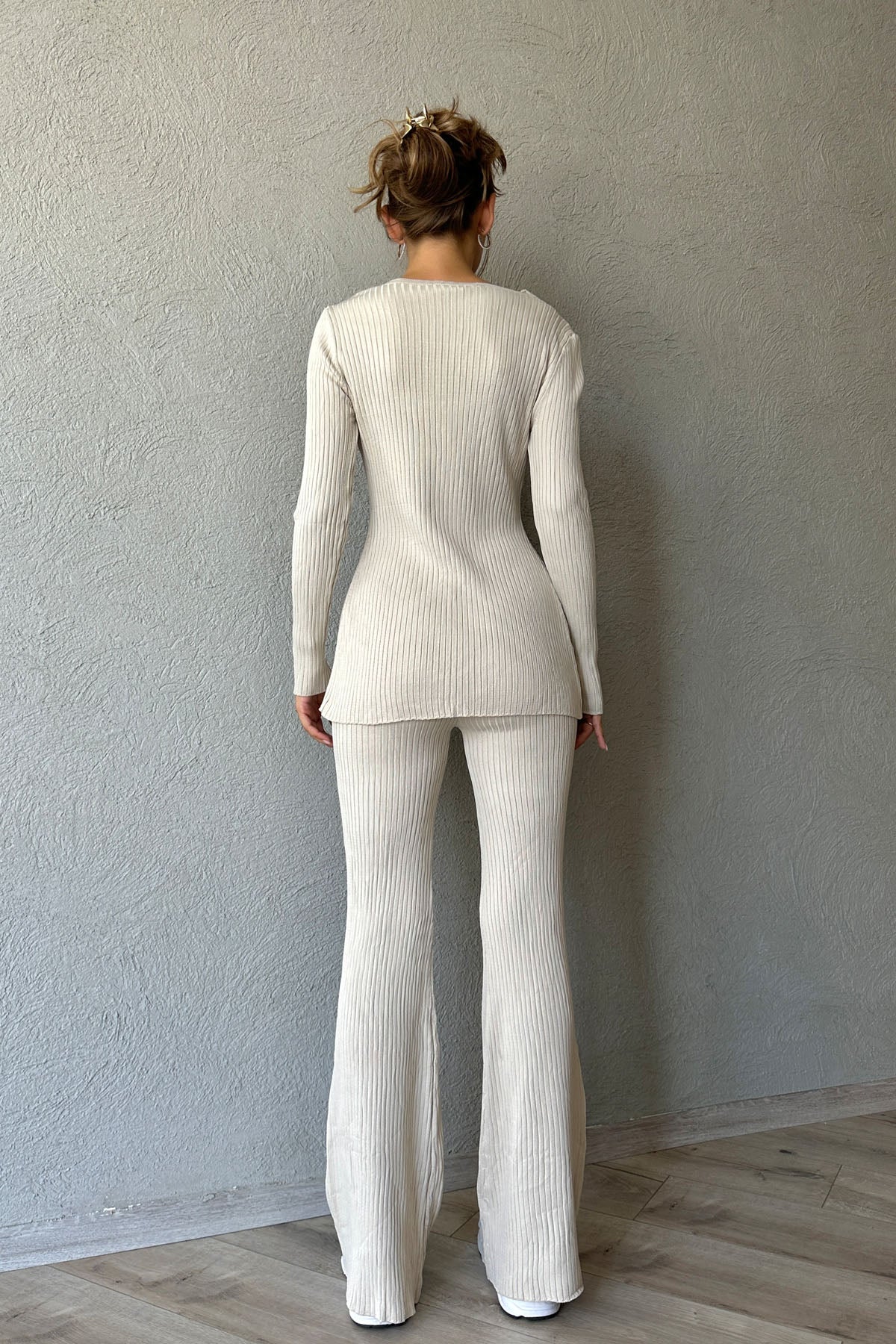 Ekru Fitilli Düğme Detaylı Bluz ve Pantolon Takım SY-0973-Ekru