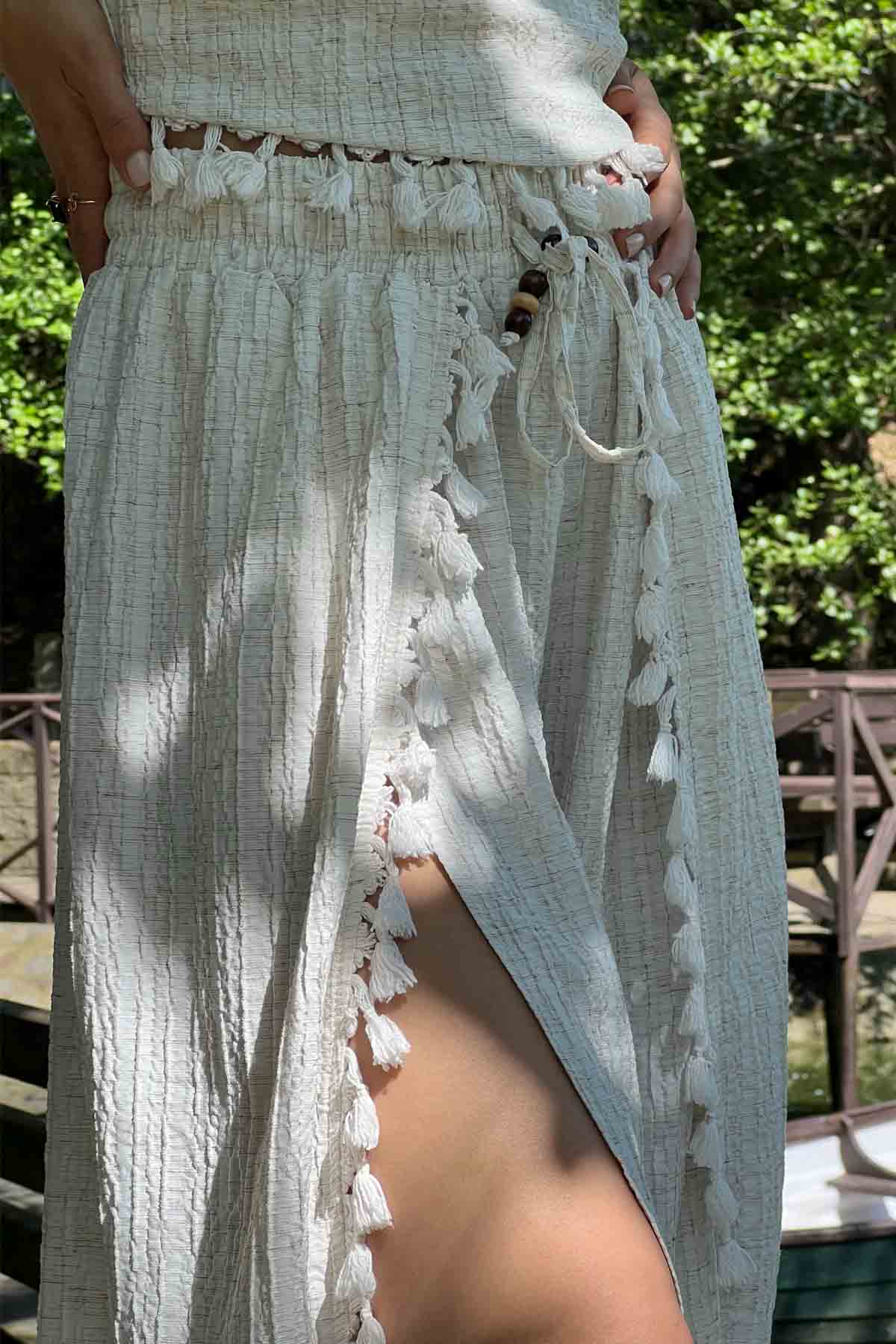 Naturel Boyundan Bağlamalı Püskül Detaylı Crop Pantolon Takım SY-2060-Naturel