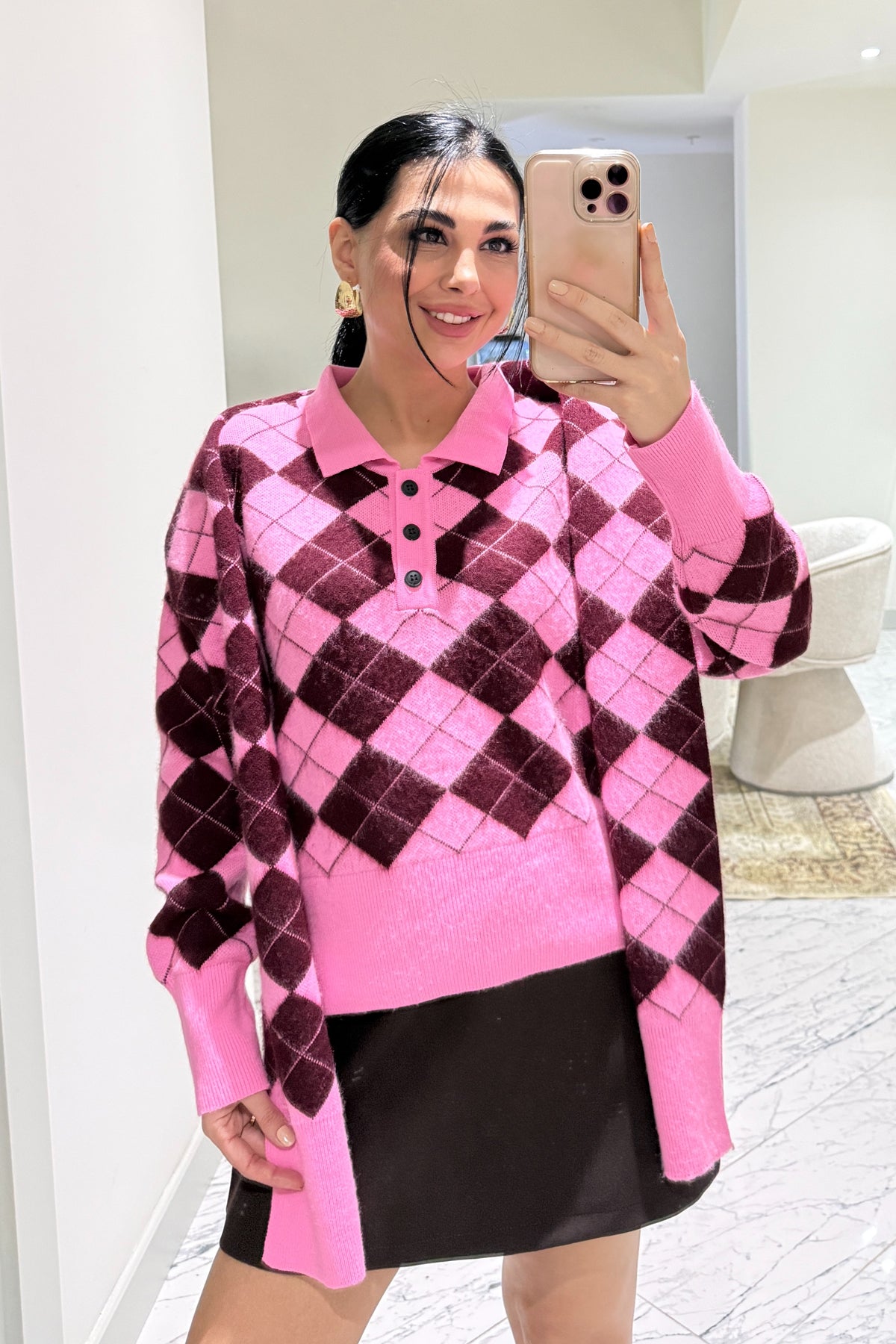 Kendinden Şallı Baklava Desenli Polo Yaka Triko SY-3563-Pembe