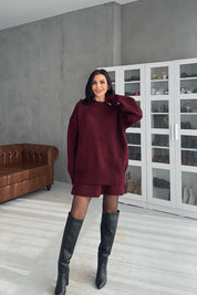 Bordo Bisiklet Yaka Mini Etek Kazak Takım SY-2811-Bordo