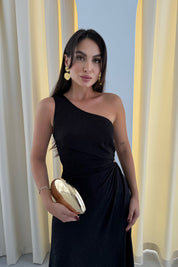 Siyah  Desenli Tek Kol Pencere Detaylı Elbise SY-3334-Siyah