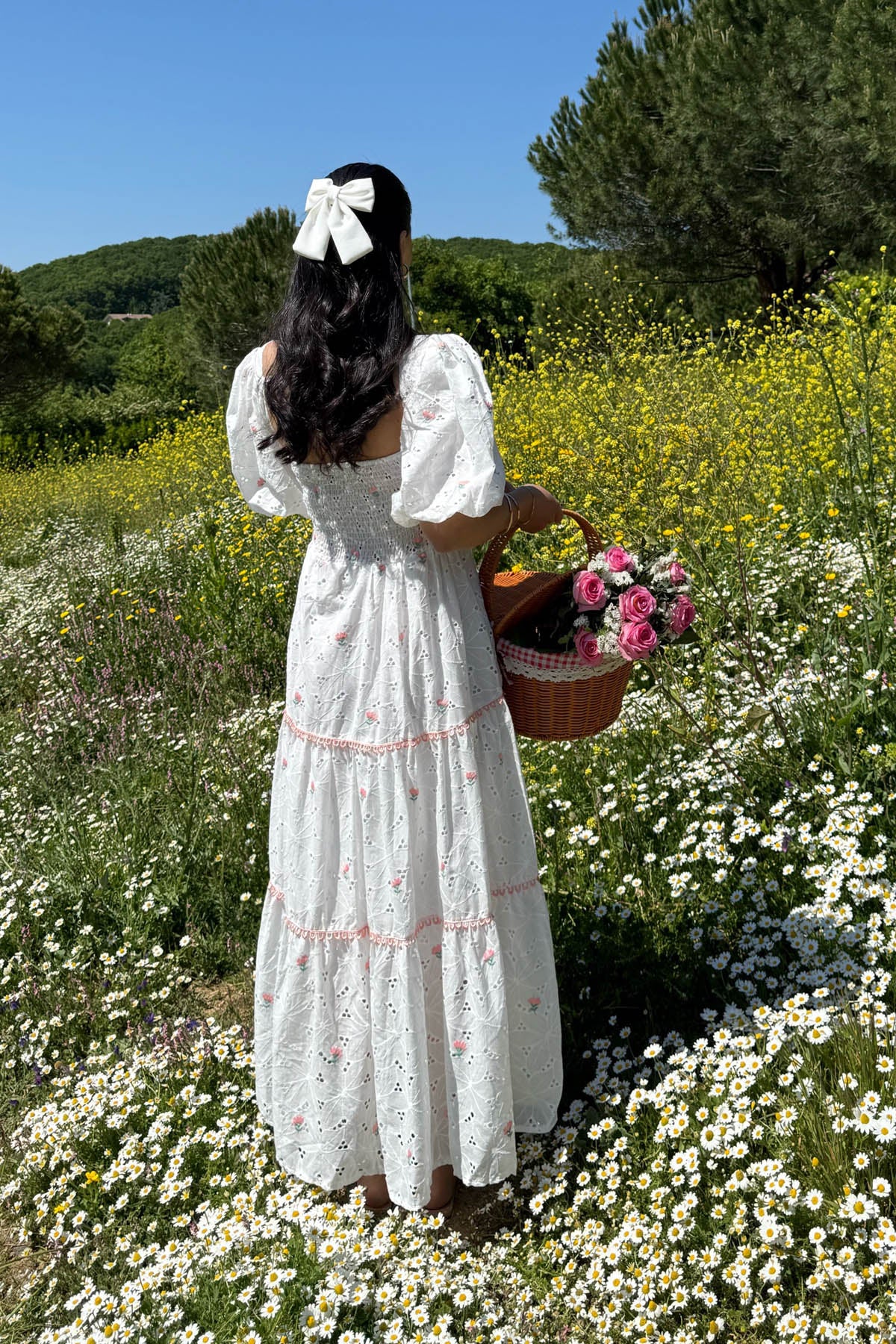 Beyaz Pembe Çiçekli Balon Kol Elbise SY-2267-Beyaz