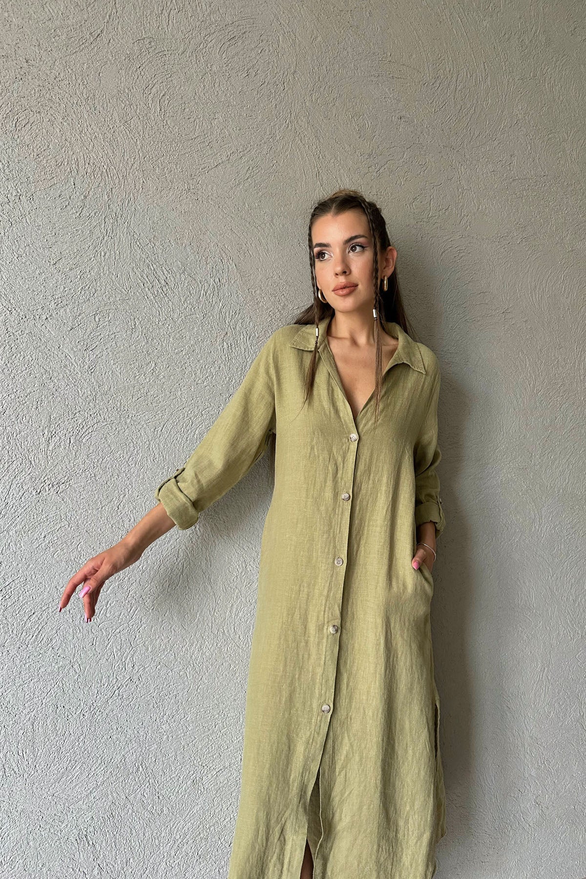 Haki Polo Yaka Düğmeli Yandan Yırtmaçlı Keten Elbise SY-0658-Haki