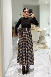 Örme Ekose Detaylı Kemerli Elbise SY-3615-Kahverengi