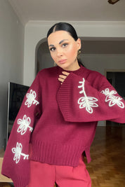 Bordo Tasarım Kolları Nakışlı Kazak SY-2837-Bordo