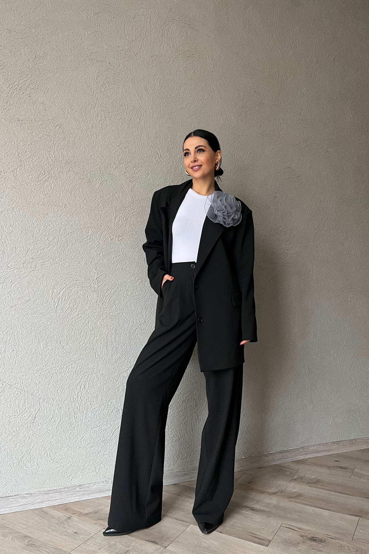 Siyah Broş Detay Ceket ve Palazzo Pantolon Takım SY-1568-Siyah