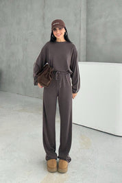 Orjinal Marka Bisiklet Yaka Çizgili Eşofman Takımı - Kahverengi SY-3421-Kahverengi