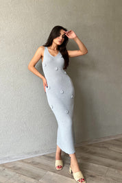 Mavi V Yaka Gül Detaylı Örme Elbise SY-2208-Mavi