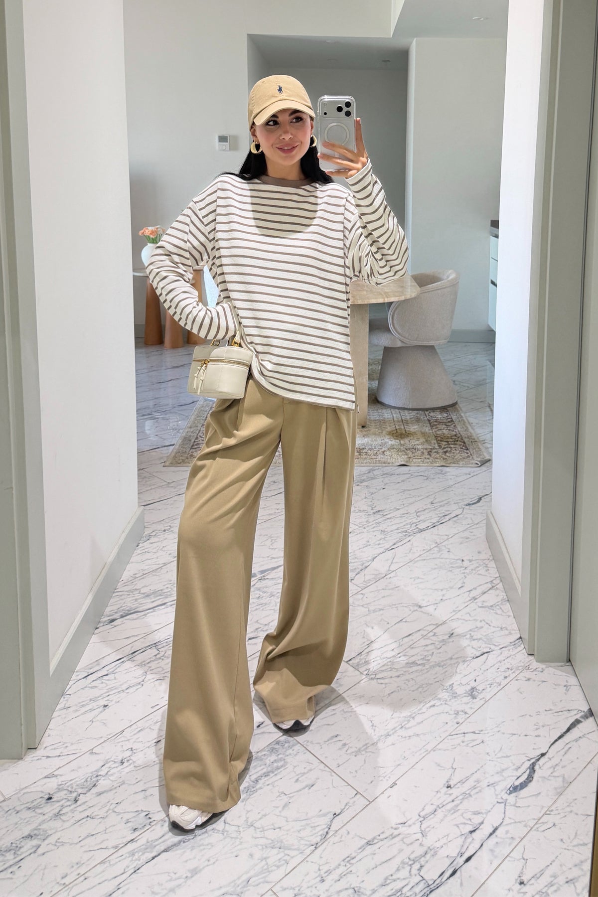 Ekru Kahve Çizgili Oversize Basic Bluz SY-3832-Kahve