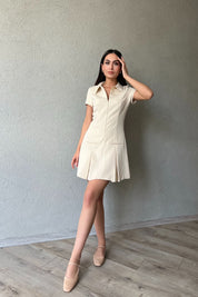 Bej Önü Fermuarlı Cep Detaylı Gömlek Yaka Elbise SY-1802-Bej