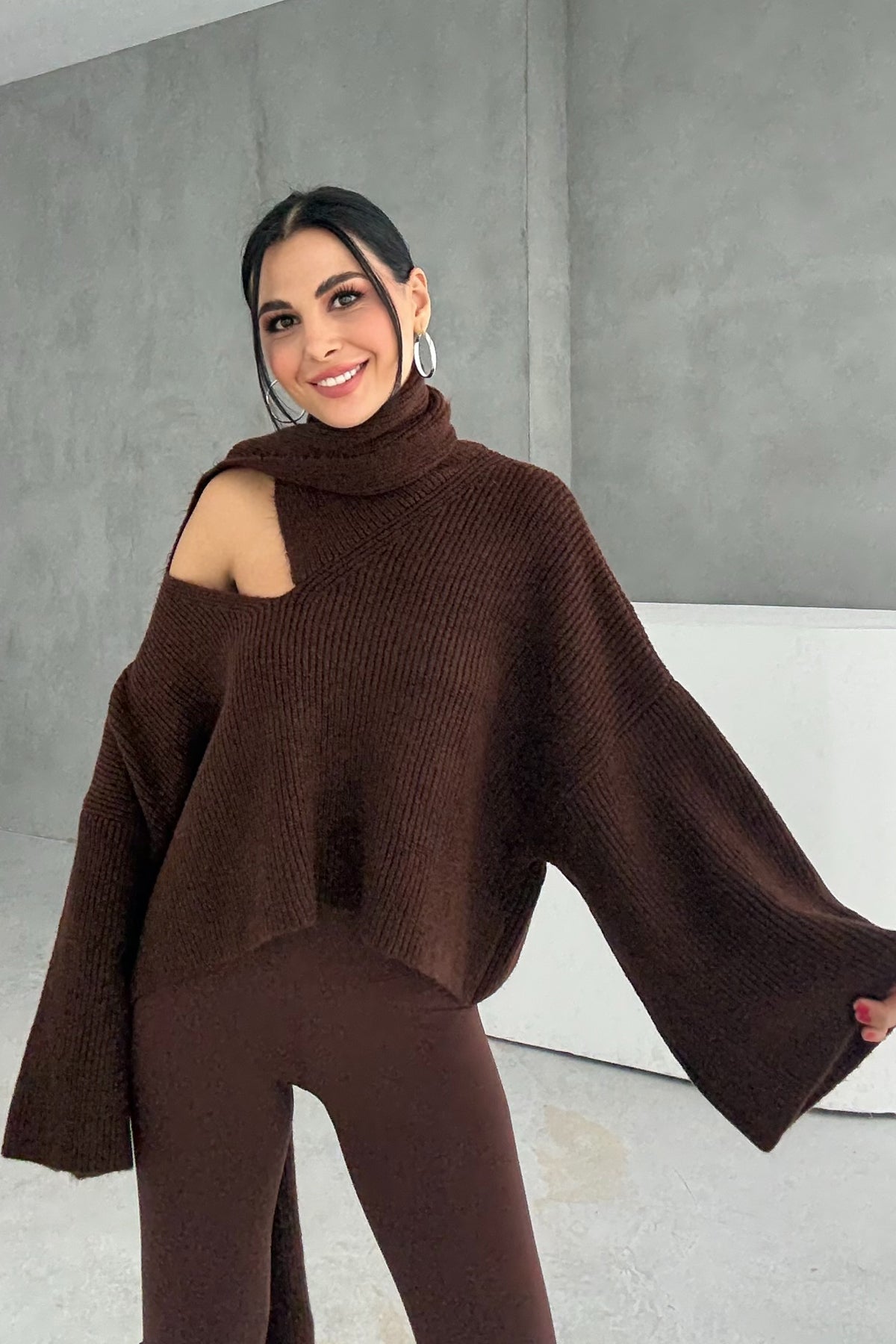 Kahve Şal Detaylı Triko Kazak SY-3427-Kahve