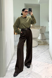 Kahverengi Kadın Yüksek Bel Pileli Palazzo Pantolon SY-3646-Kahverengi