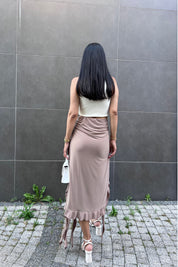 Kahve Derin Yırtmaçlı Fırfır Detay Etek SY-0702-Kahve