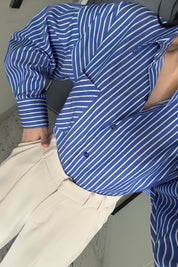 Koyu Mavi Çizgili Kadın Gömlek SYM-3428-Koyu Mavi