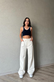 Ekru Beli Lastik Detaylı Gabardin Bol Paça Pantolon SY-1916-Bej