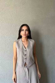 Gri  Beyaz Çizgili Çan Etek ve Yelek Takım SY-0896-Gri
