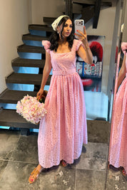 Luna Pembe Brode Elbise - Kemerli Dantel Detaylı Yazlık Elbise SY-3739-Pembe