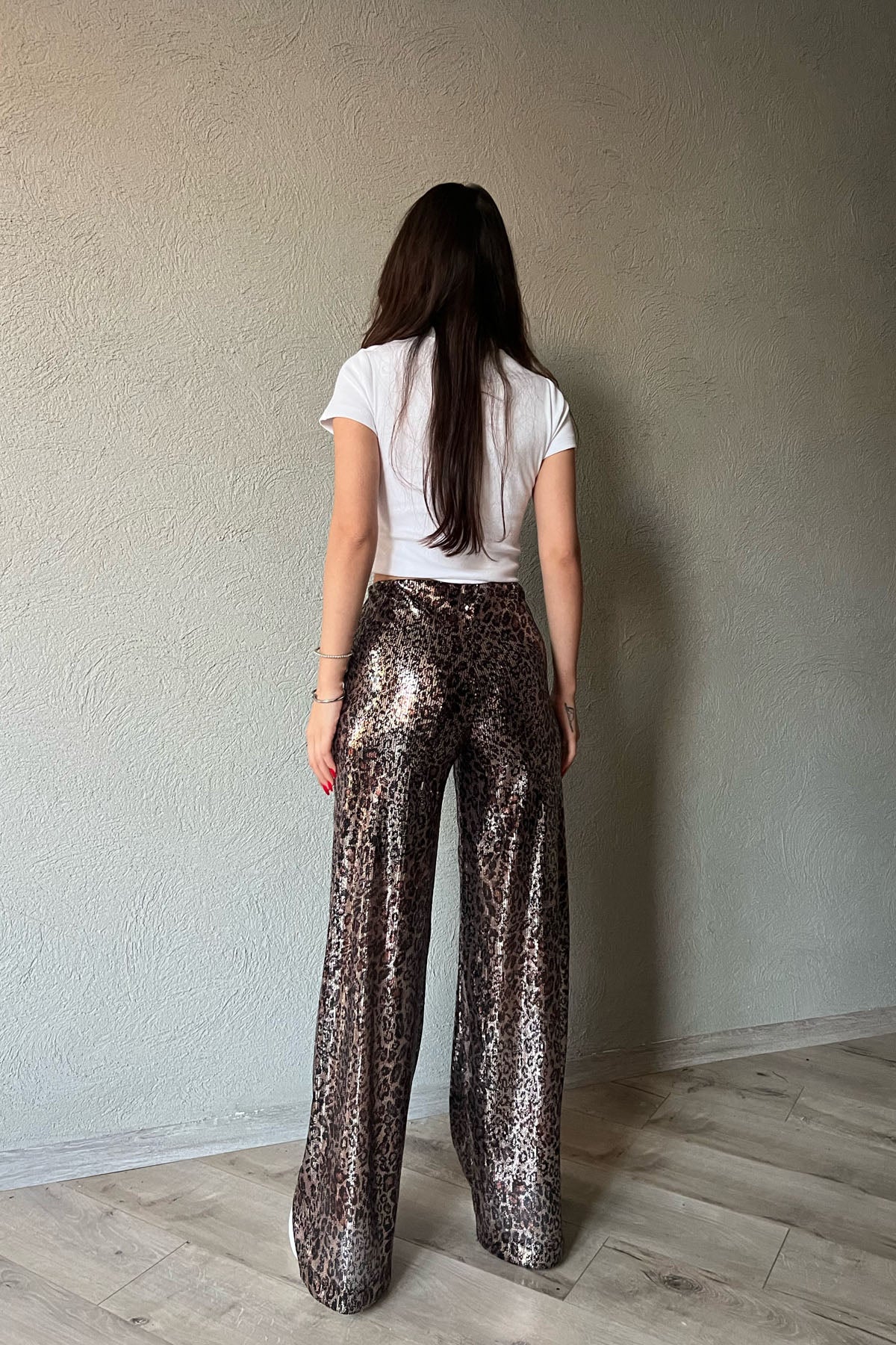 Leopar Desenli Pullu Beli Lastikli Bol Paça Pantolon SY-1296-Leopar