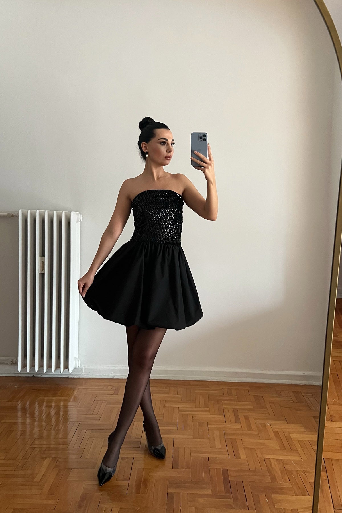 Siyah Paris Payetli Straplez Kolsuz Mini Balon Elbise SY-2827-Siyah
