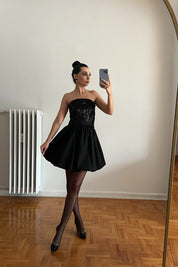 Siyah Paris Payetli Straplez Kolsuz Mini Balon Elbise SY-2827-Siyah