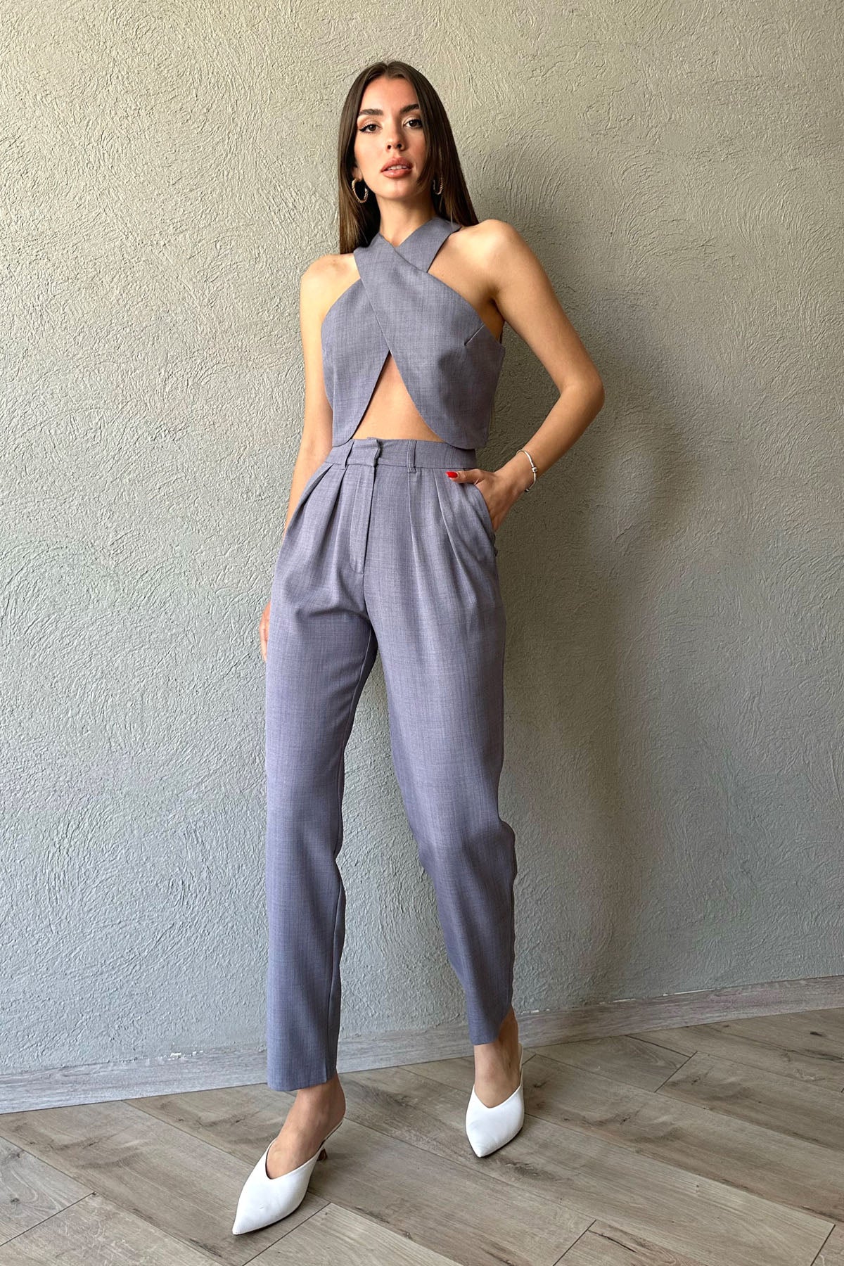 Gri Özel Tasarım Crop ve Pileli Bol Kesim Pantolon Takım SY-0511-Gri