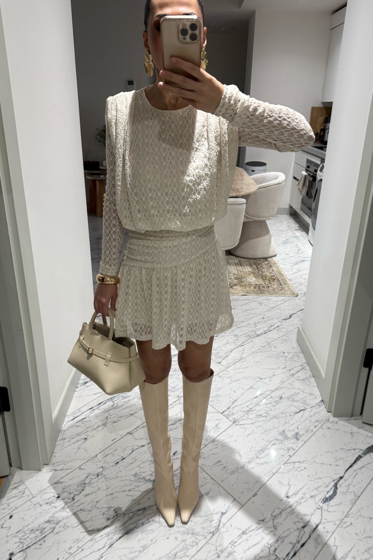 Ekru Güpürli Midi Tasarım Elbise SY-3489-Ekru