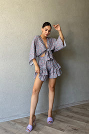 Mavi Bağlamalı Eteği Fırfırlı Şort Bluz Takım SY-2359-Mavi