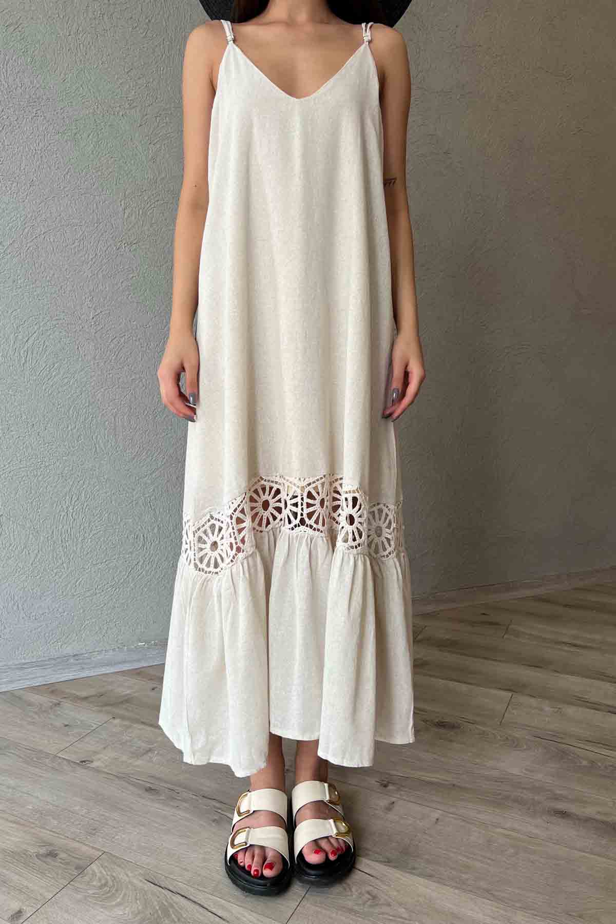 Naturel Örme Detaylı Askılı Elbise SY-1880-Naturel