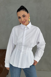 Beyaz Belden Oturtmalı Pensli Gömlek SY-3406-Beyaz