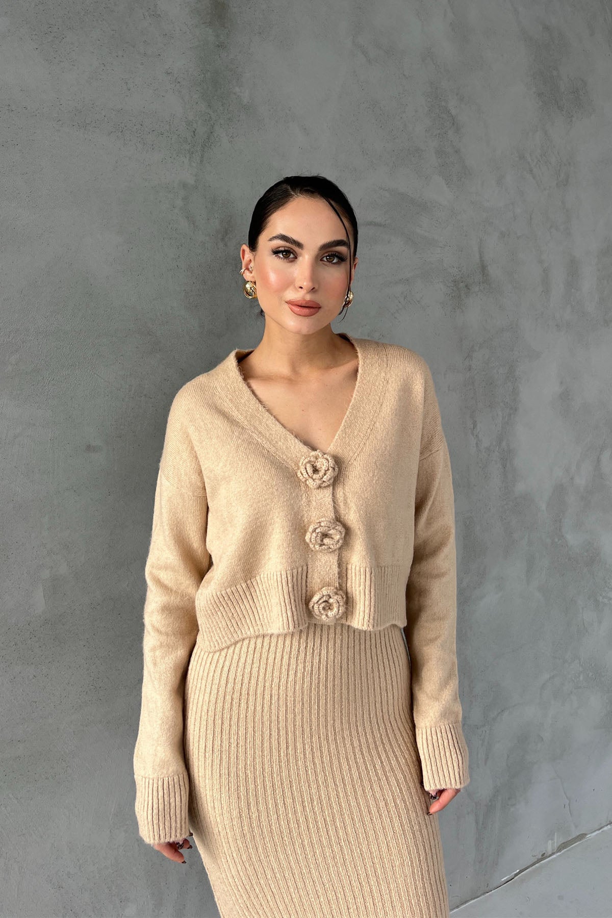 Bej Gül Detaylı Hırka Elbise İkili Takım SY-2448-Bej