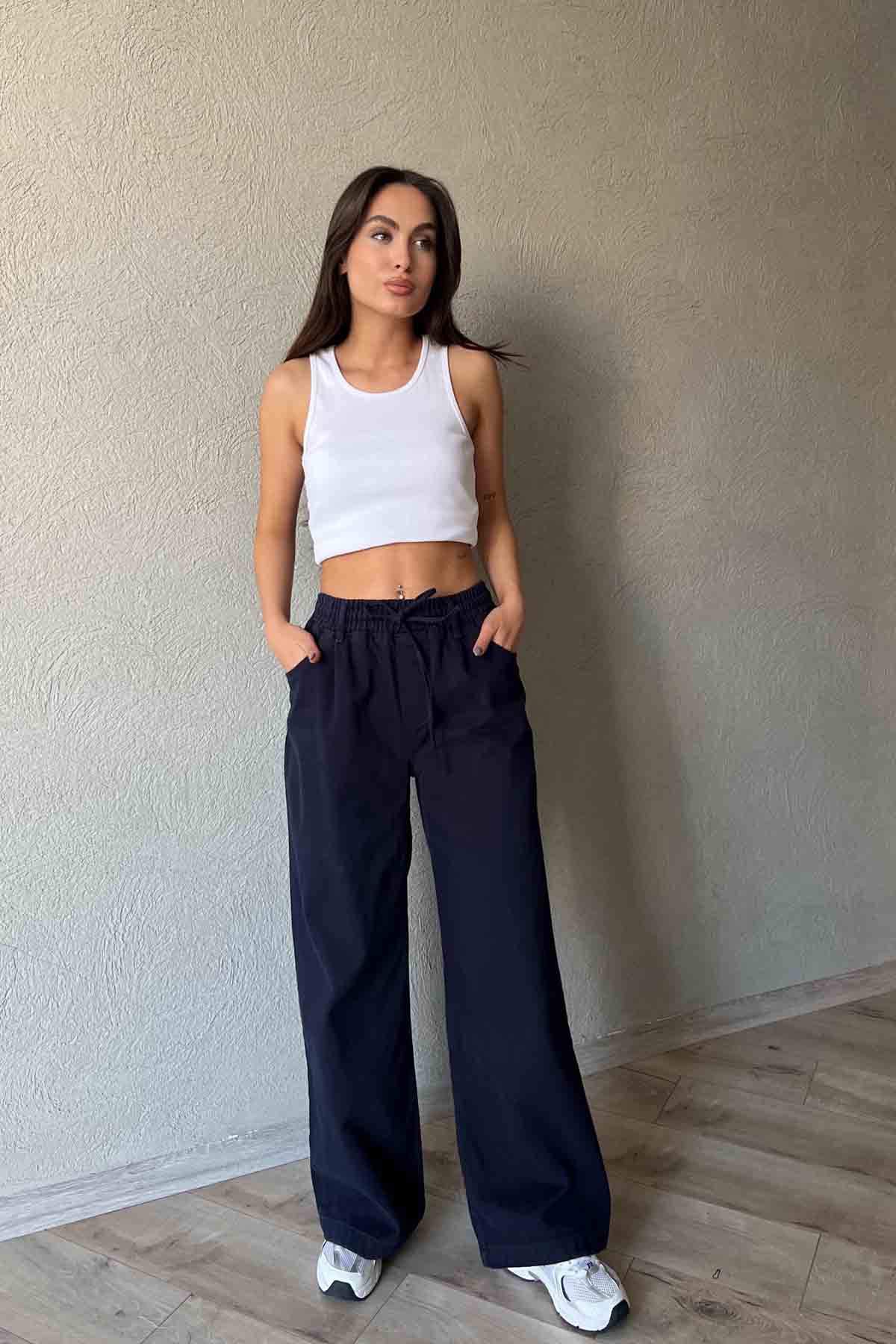 Lacivert Beli Lastik Detaylı Gabardin Bol Paça Pantolon SY-1916-Lacivert