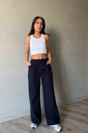 Lacivert Beli Lastik Detaylı Gabardin Bol Paça Pantolon SY-1916-Lacivert