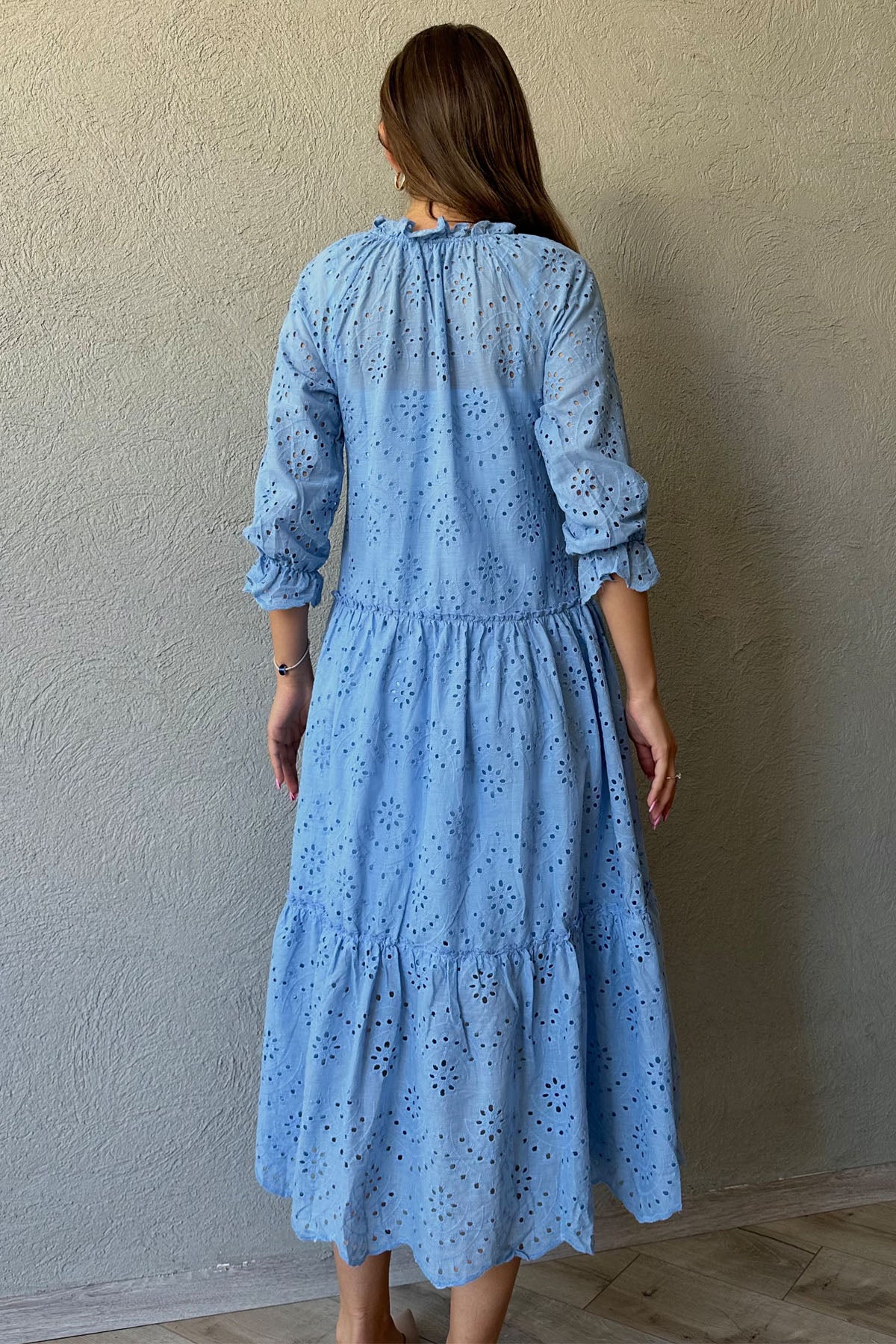 Mavi Brode  Astarlı Midi Boy Elbise SY-0544-Mavi