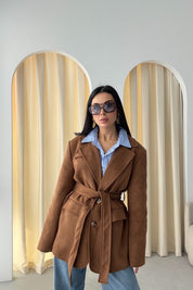 Taba Kuşaklı Süet Vintage Ceket SY-3485-Taba