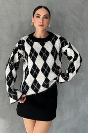 Siyah Baklava Desen Kısa Triko Kazak SY-2793-Siyah