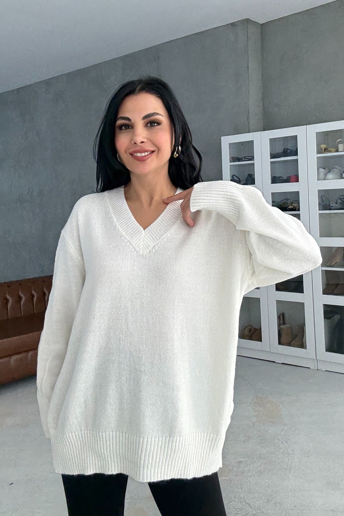 Ekru V Yaka Oversize Pinterest Triko Kazak SY-3348-Ekru