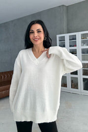 Ekru V Yaka Oversize Pinterest Triko Kazak SY-3348-Ekru