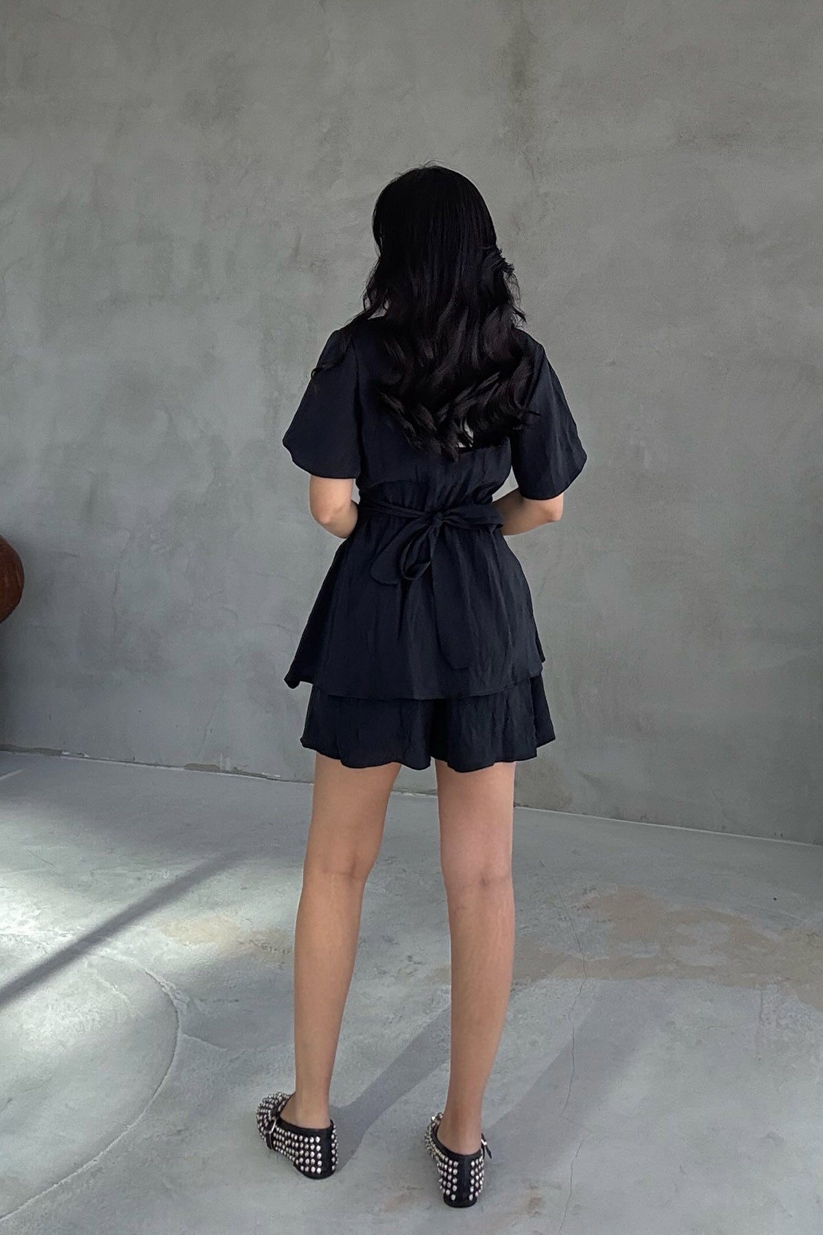 Siyah Beli Lastikli Kuşaklı Mini Elbise SY-3067-Siyah