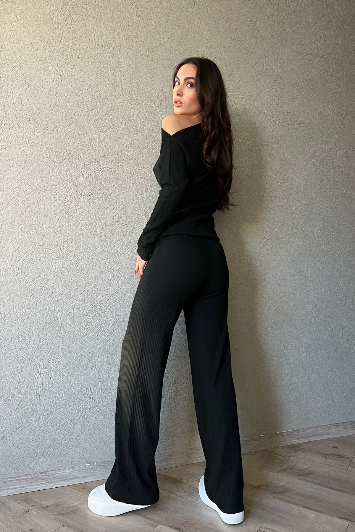 Siyah Asimetrik Fitilli Bluz ve Pantolon Triko Takım SY-1299-Siyah