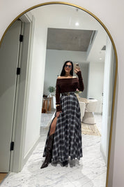 Ekose Desenli Yırtmaç Detay Kloş Etek SY-3494-Kahverengi