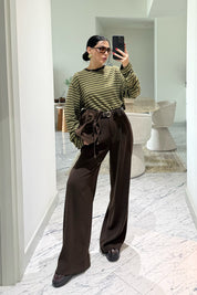 Kahverengi Kadın Yüksek Bel Pileli Palazzo Pantolon SY-3646-Kahverengi