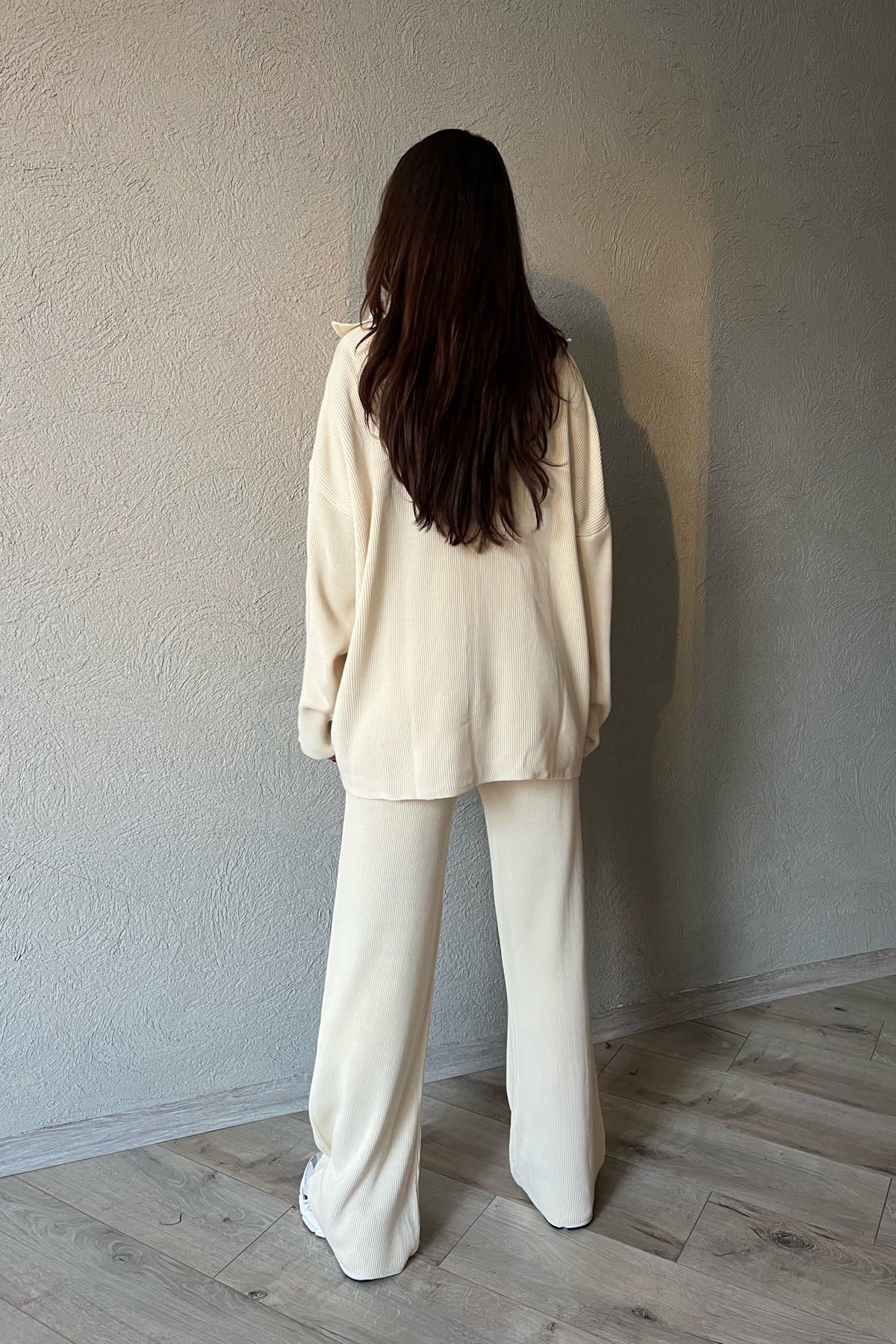 Krem Fermuarlı Fitilli Oversize Kazak ve Pantolon Takımı SY-1257-Krem