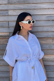 Beyaz Belden Bağlama Detaylı Keten Takım SY-2189-Beyaz