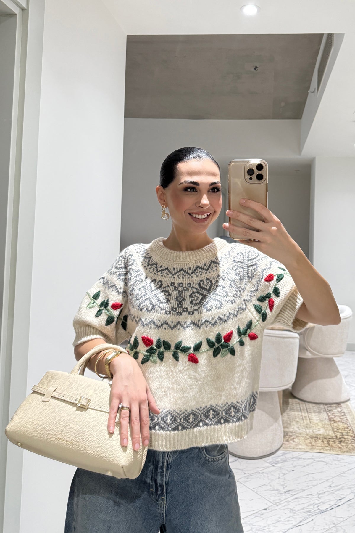 Ekru Nakış İşlemeli Kısa Kollu Triko SY-3552-Ekru