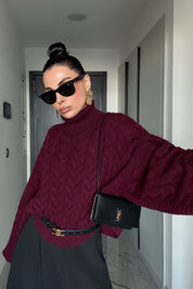 Bordo Saç Örgü Boğazlı Kazak SY-3461-Bordo