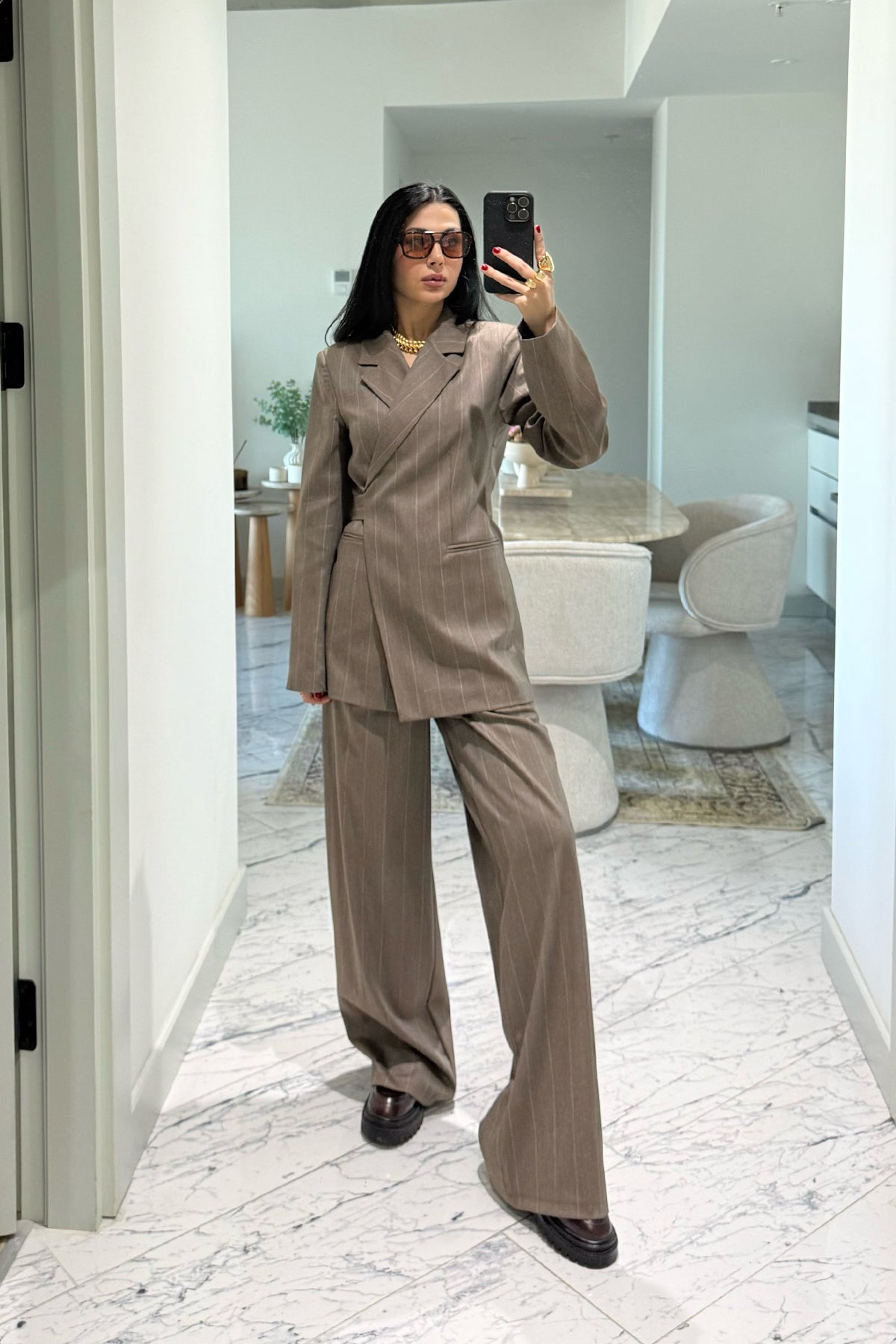 Bej Çizgili Bağlamalı Ceket Ve Pantolon Takım SY-3650-Bej