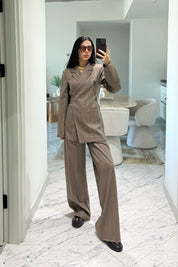 Bej Çizgili Bağlamalı Ceket Ve Pantolon Takım SY-3650-Bej